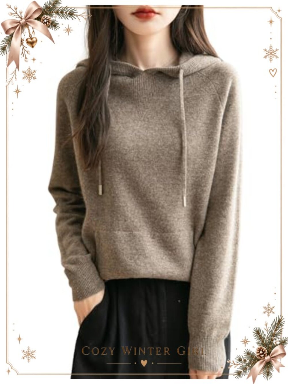 Merino Wool Hoodie Long Sleeve Knitted Sweater with Pocket